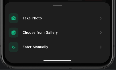 ROS Radar receipt entry methods — Take Photo, Gallery, Manual